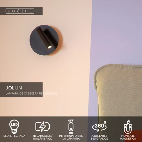 Lucide JOLIJN - Lámpara de cabecera / Lámpara de pared Recargable - Batería/acumulador - Ø 10,2 cm - LED - 1x2W 3000K - Magnético - Negro - USP